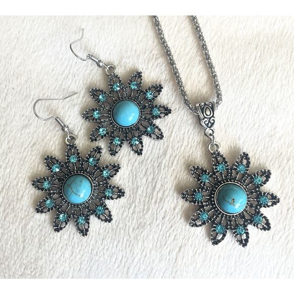 NEW Turquoise Sunflower Earring & Necklace Set Western Flower Bohemian Boho - Picture 1 of 6